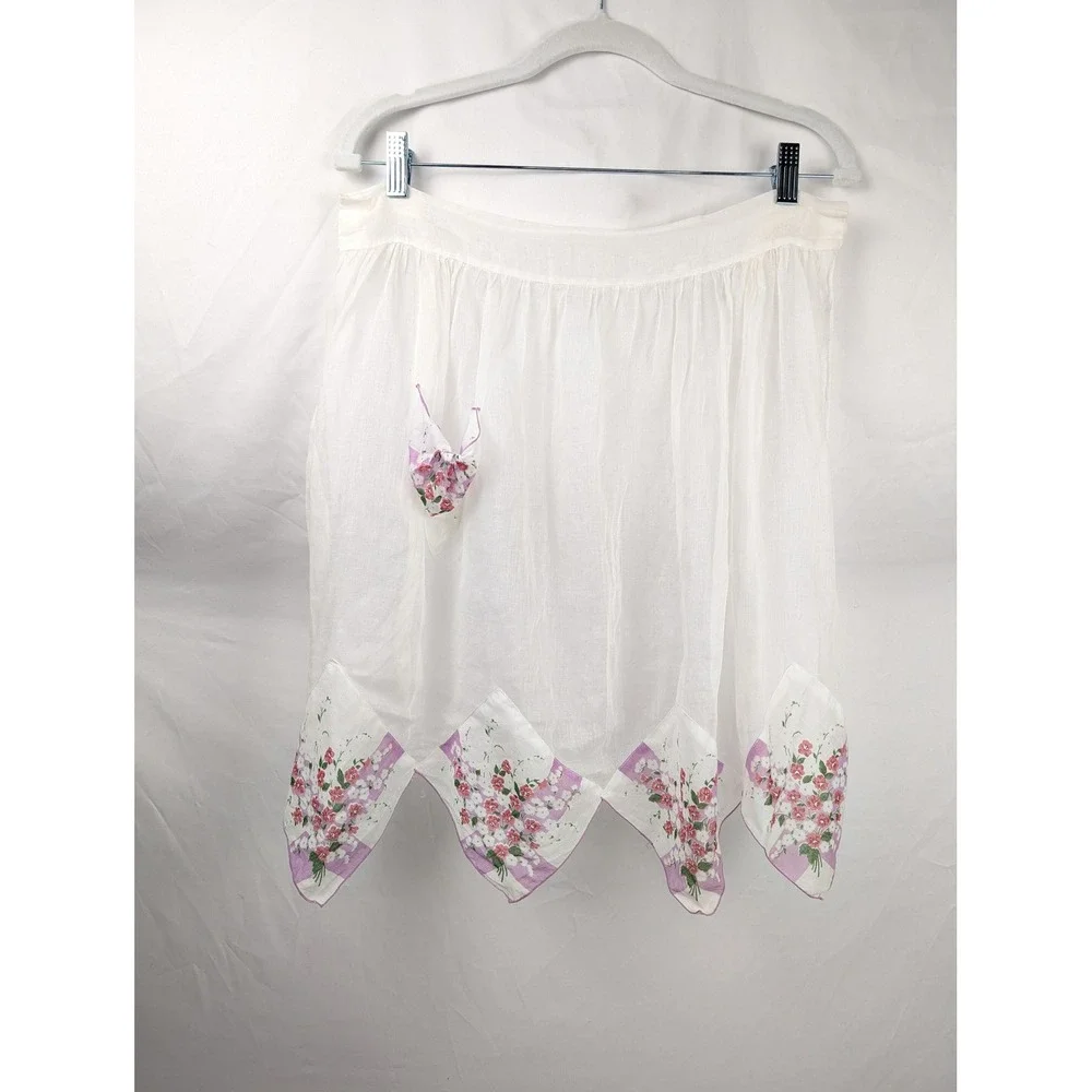 Vtg Handmade Sheer Floral Handkerchief Hem Half Apron Cottagecore Upcycled Fairy
